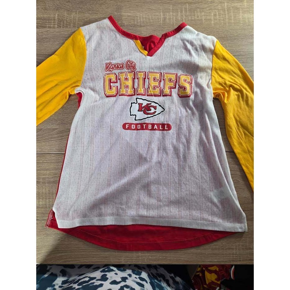 NFL Kansas City Chiefs Girls Long Sleeve Shirt Red White Yellow Size L 10/12 NWT